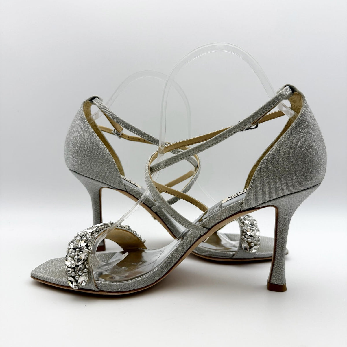 Badgley Mischka Womens Nala Glitter Strappy Heels Size 8 Silver Satin NWOB