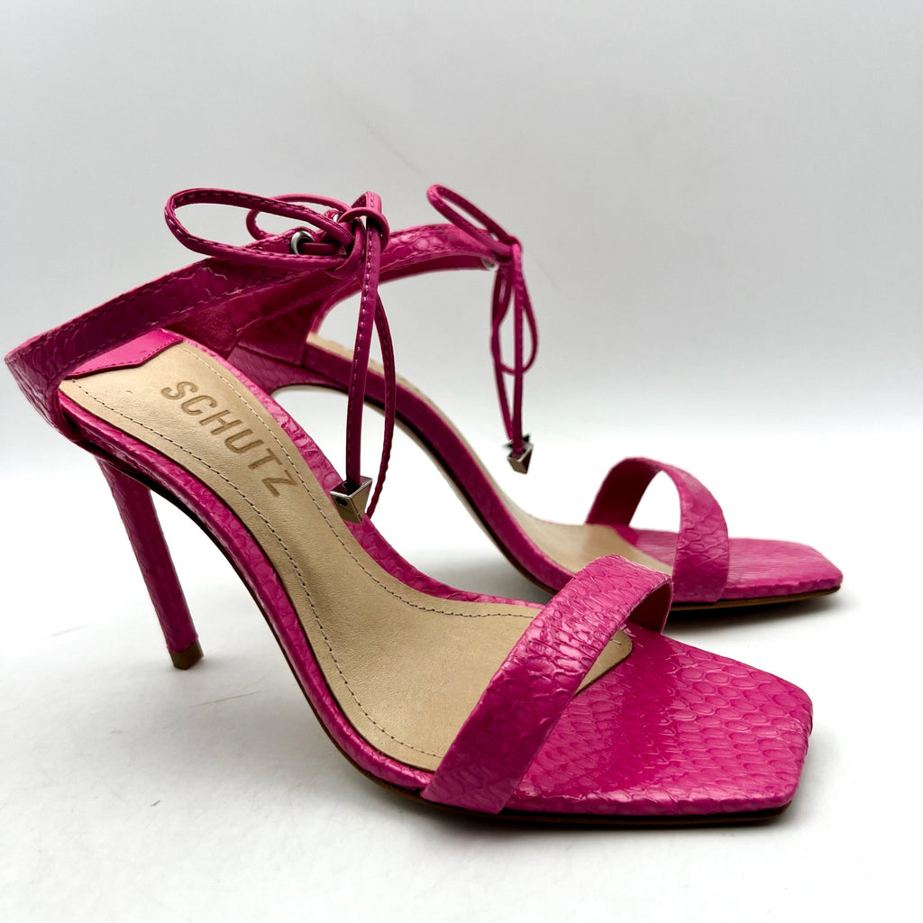 SCHUTZ Womens Mavis Heel Sandals Size 5.5 B Snake Shine Paradise Pink NIB