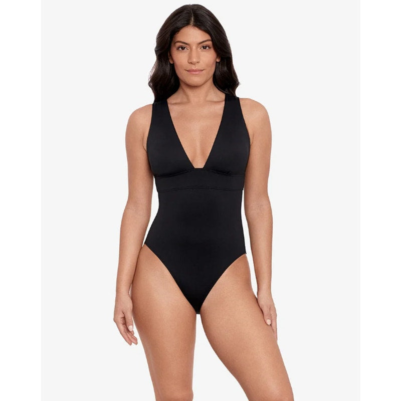 LAUREN RALPH LAUREN V-Neck One Piece Swimsuit Size 10 Black Solids Modern NWOT