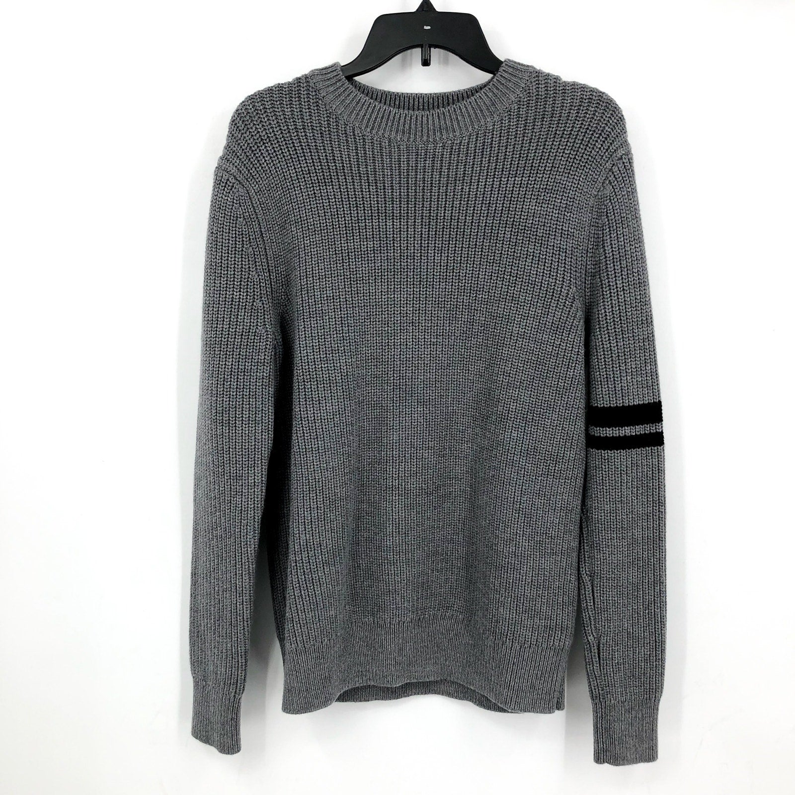 LABEL Mens Go-To Sweater Medium Light Grey Black Knit Crewneck MERINO WOOL  NWT