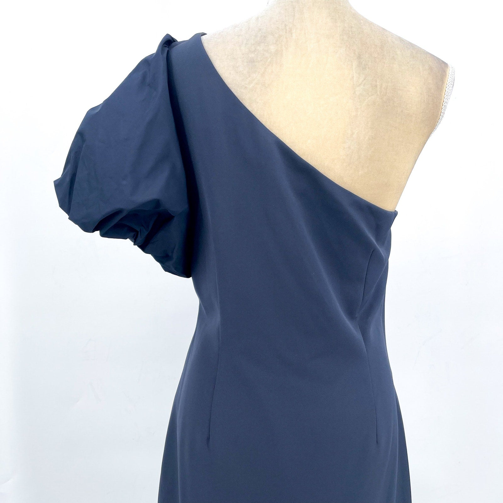 LAUREN RALPH LAUREN One-Shoulder Crepe Cocktail Dress Size 12 Navy Blue Midi NWT