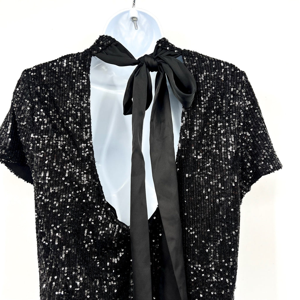 CECE Women's Sequin Top Large Rich Black Bow Back Mock Neck Short Sleeve NWT