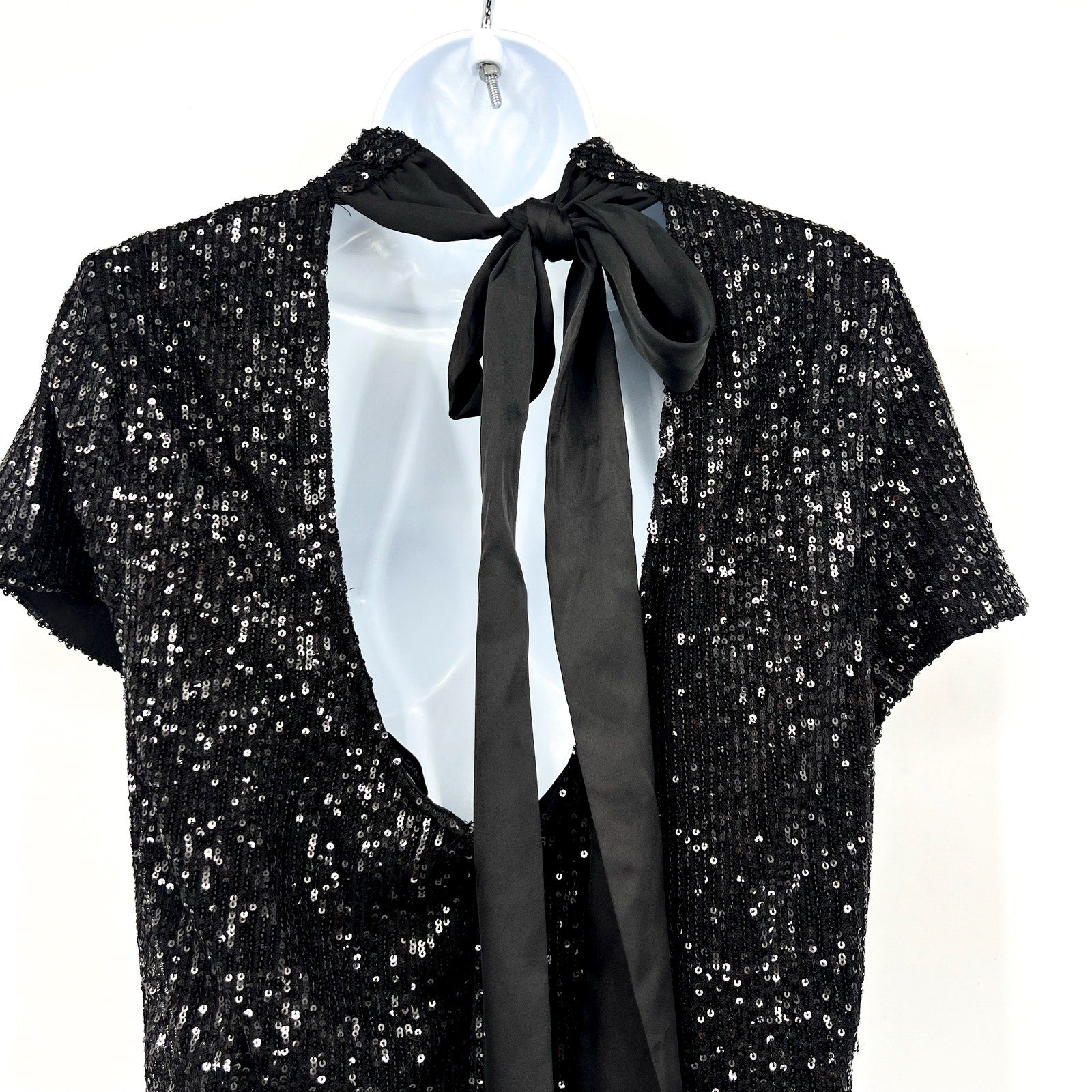 CECE Women's Sequin Top Large Rich Black Bow Back Mock Neck Short Sleeve NWT