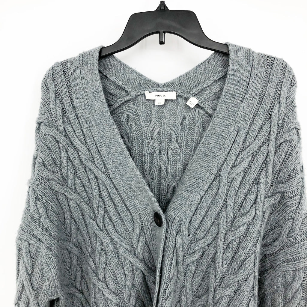 Vince. Womens Cable Cardigan Sweater Large Grey Cashmere Merino Wool Knit NWOT