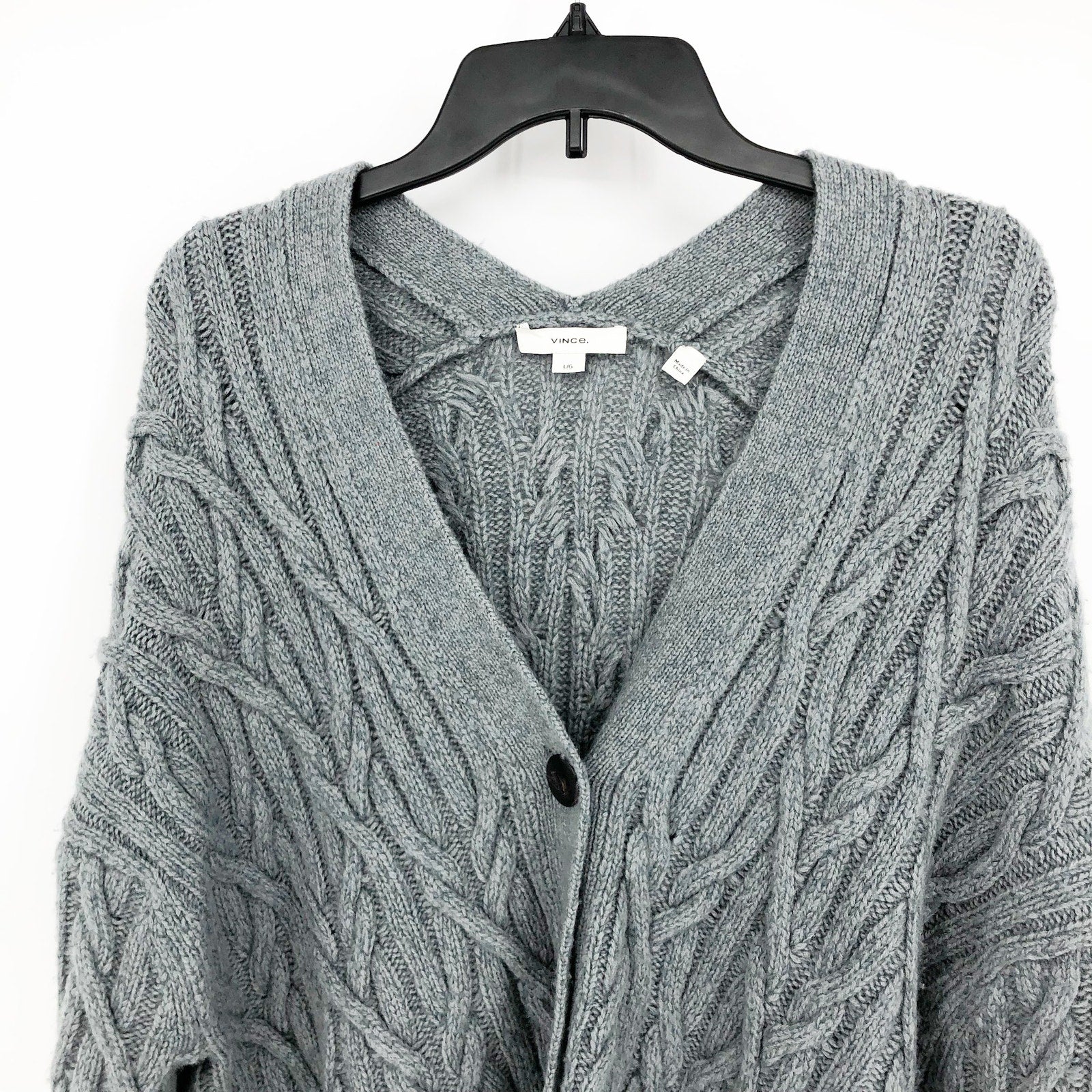 Vince. Womens Cable Cardigan Sweater Large Grey Cashmere Merino Wool Knit NWOT