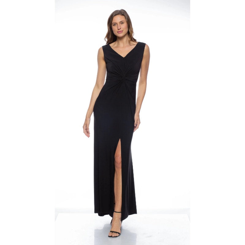 MARINA Women's Long Dress Small Black Crepe V Neck Knot Front Sleeveless NWT