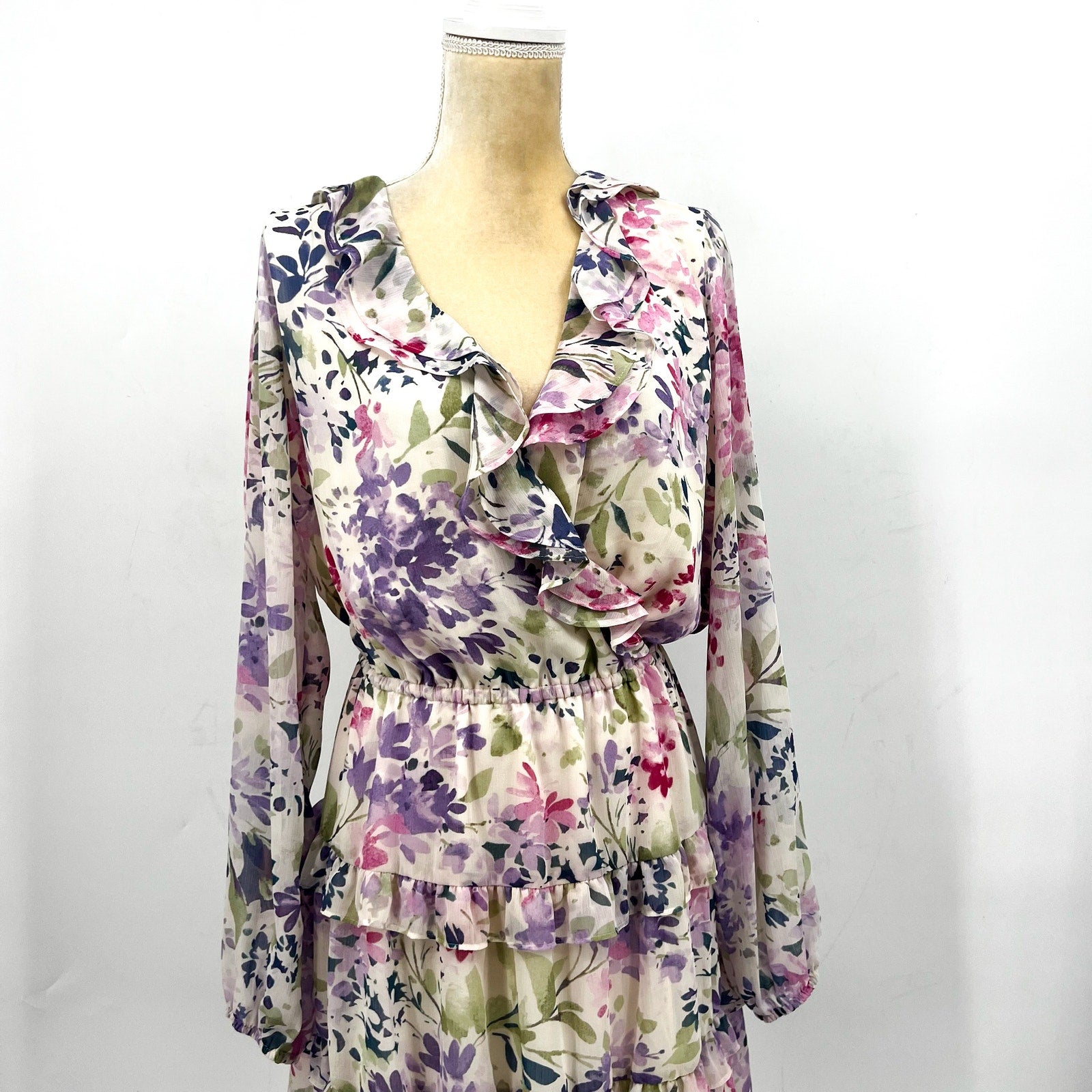 Lauren Ralph Lauren Surplice Dress Size 12 Pink Floral Crinkle Georgette NWT