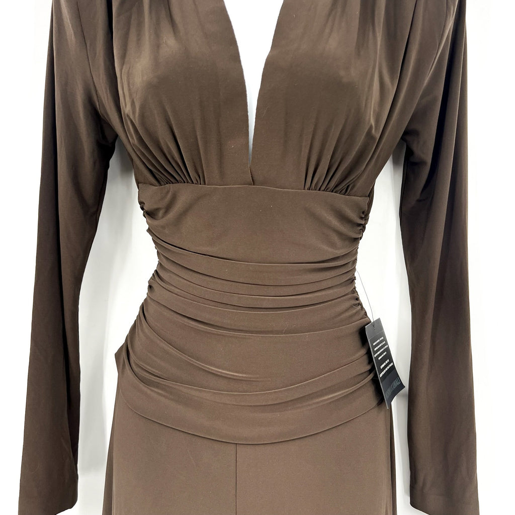 Norma Kamali V-Neck Shirred Waist Jumpsuit XS/34 Chocolate Brown Long Sleeve NWT