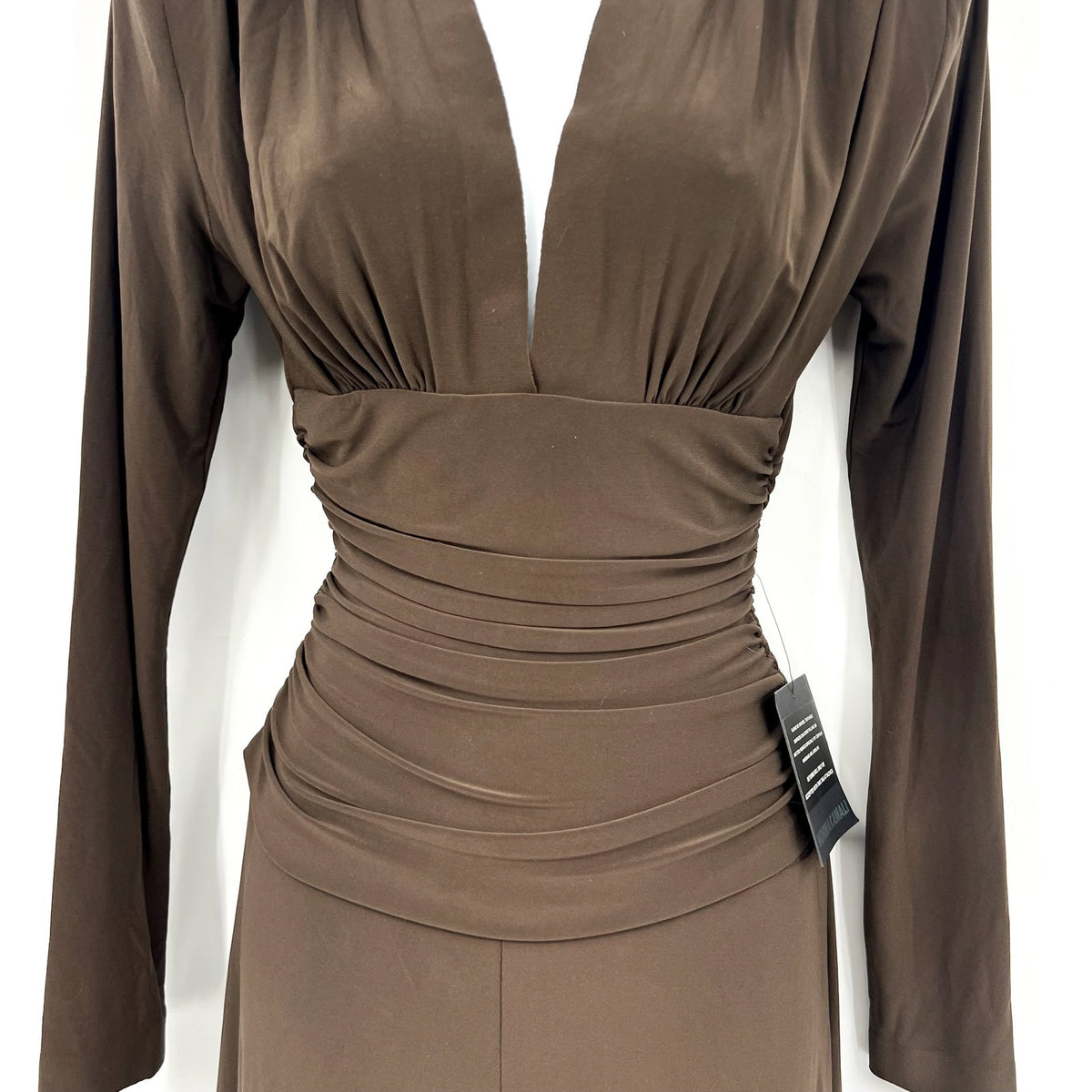 Norma Kamali V-Neck Shirred Waist Jumpsuit XS/34 Chocolate Brown Long Sleeve NWT