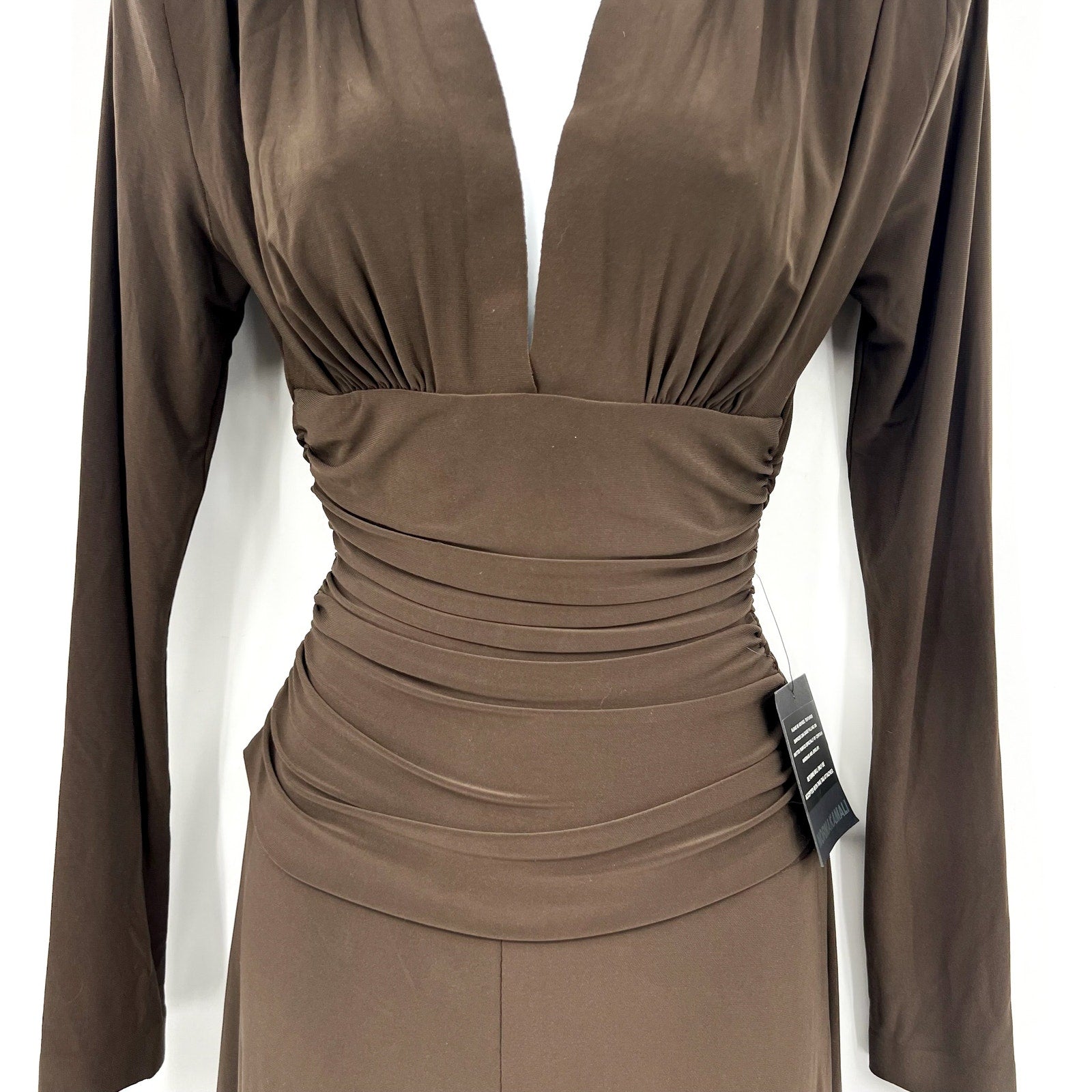 Norma Kamali V-Neck Shirred Waist Jumpsuit XS/34 Chocolate Brown Long Sleeve NWT