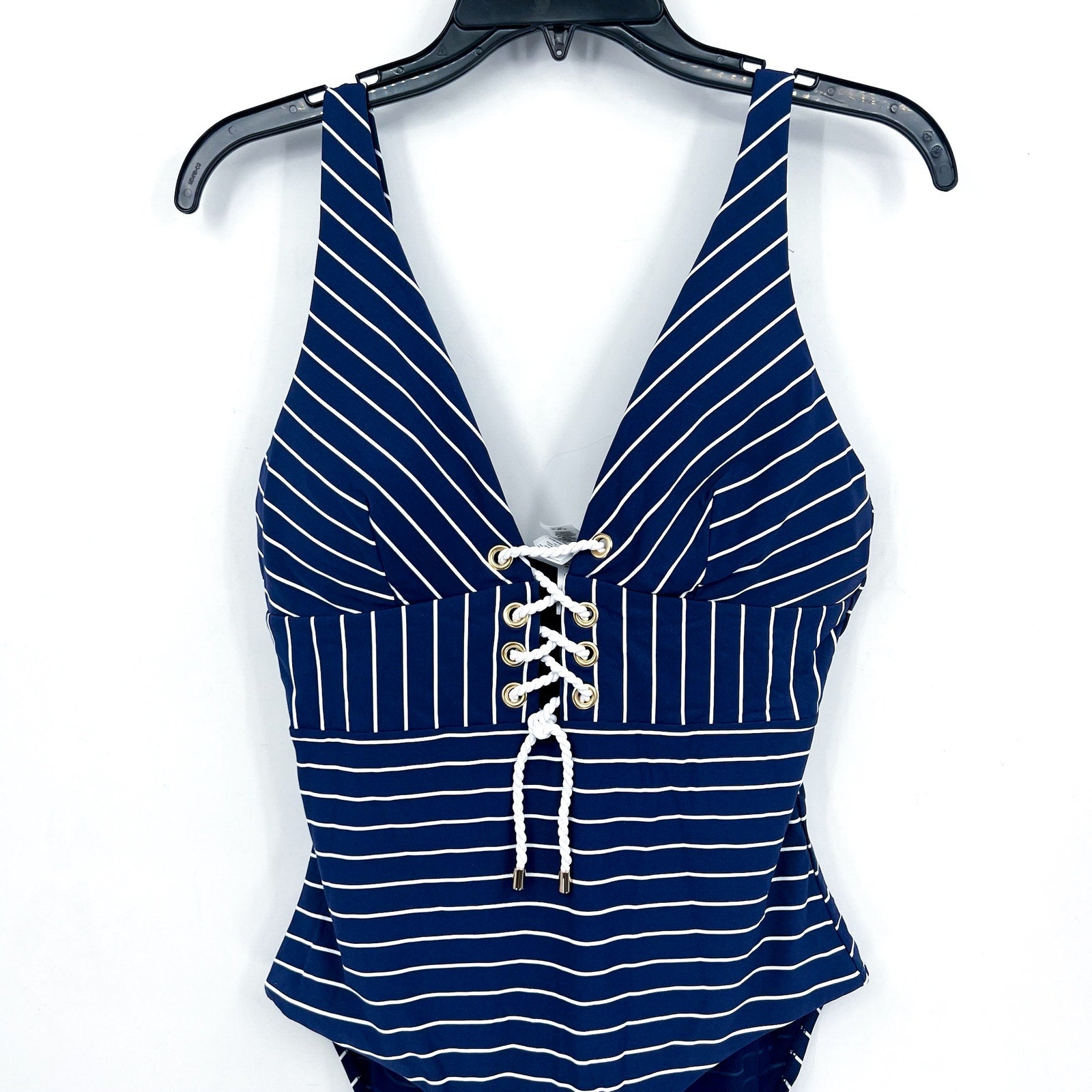 SEA LEVEL SWIM Shoreline Lace Up One Piece Swimsuit Size 10 Navy Blue White NWT