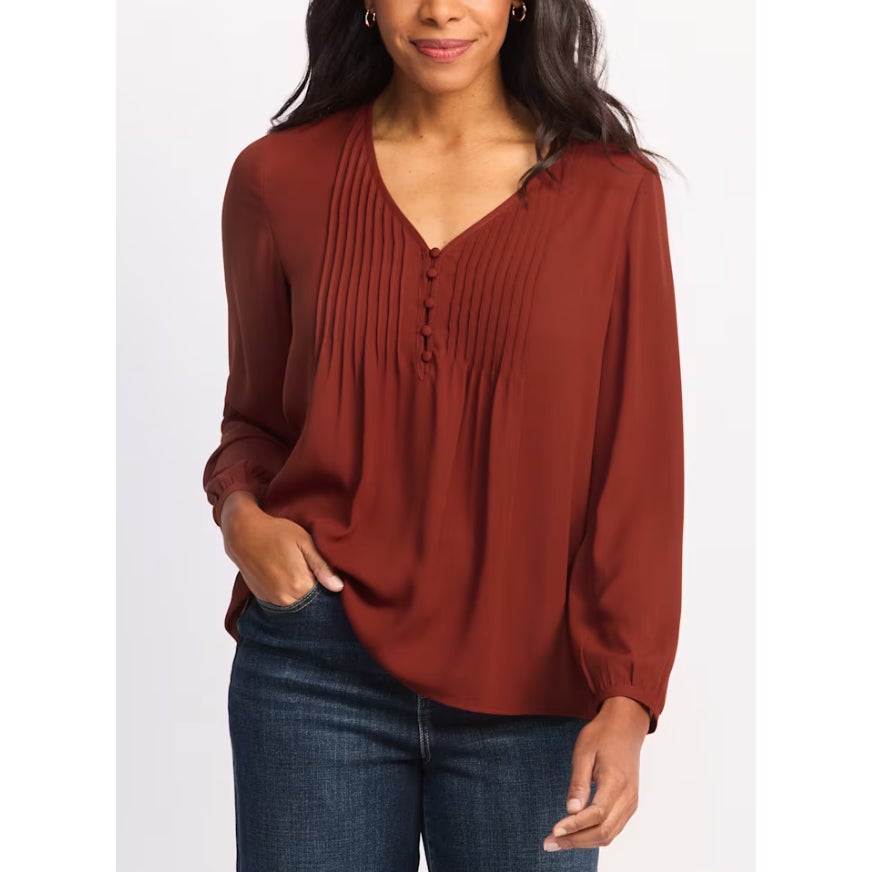 DANIEL RAINN Womens Pleated Palmer Blouse Medium Red Fired Brick Long Sleeve NWT