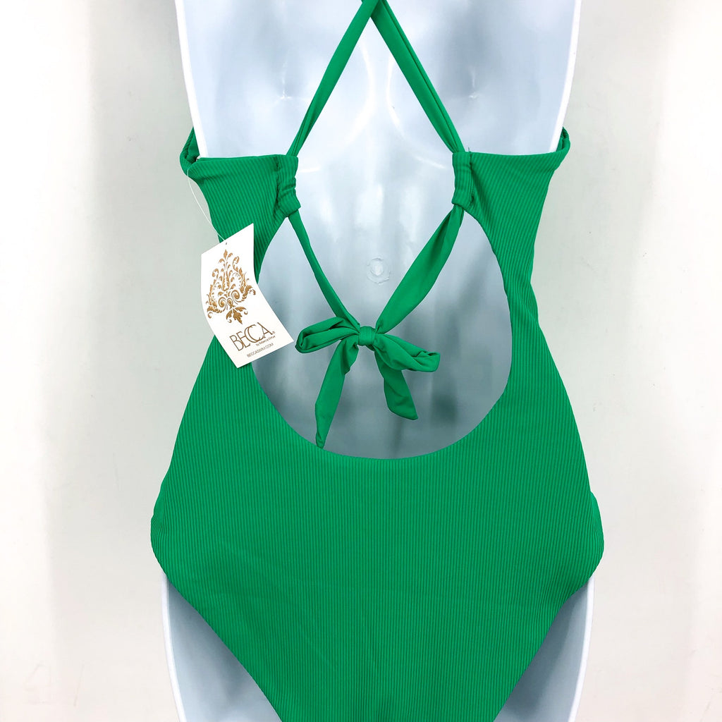 BECCA Women's Gia Plunge One Piece Swimsuit Small Green Lace Up Modern Edge NWT