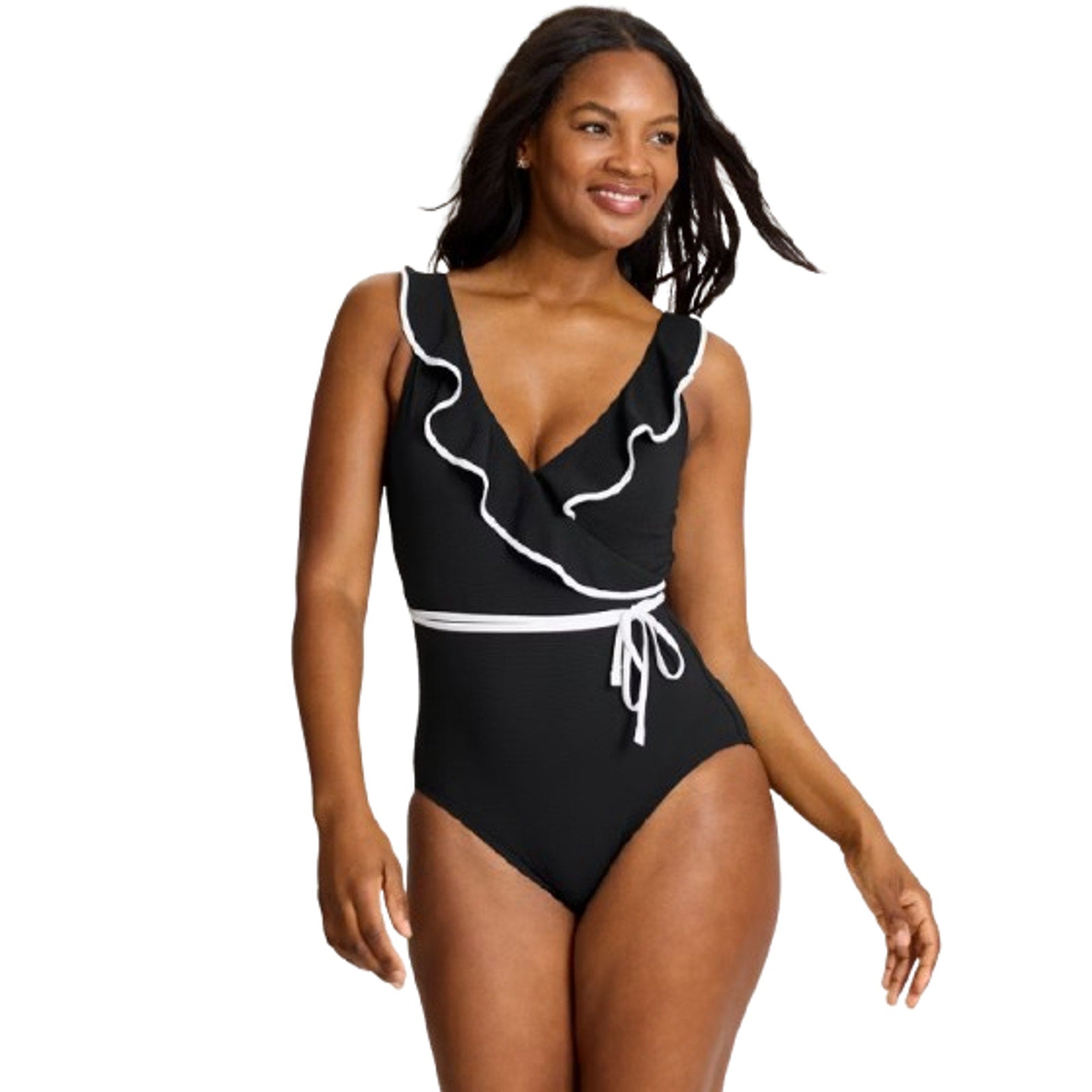 TOMMY BAHAMA Island Cays Cabana Wrap-Front One-Piece Swimsuit 14 Black NWT