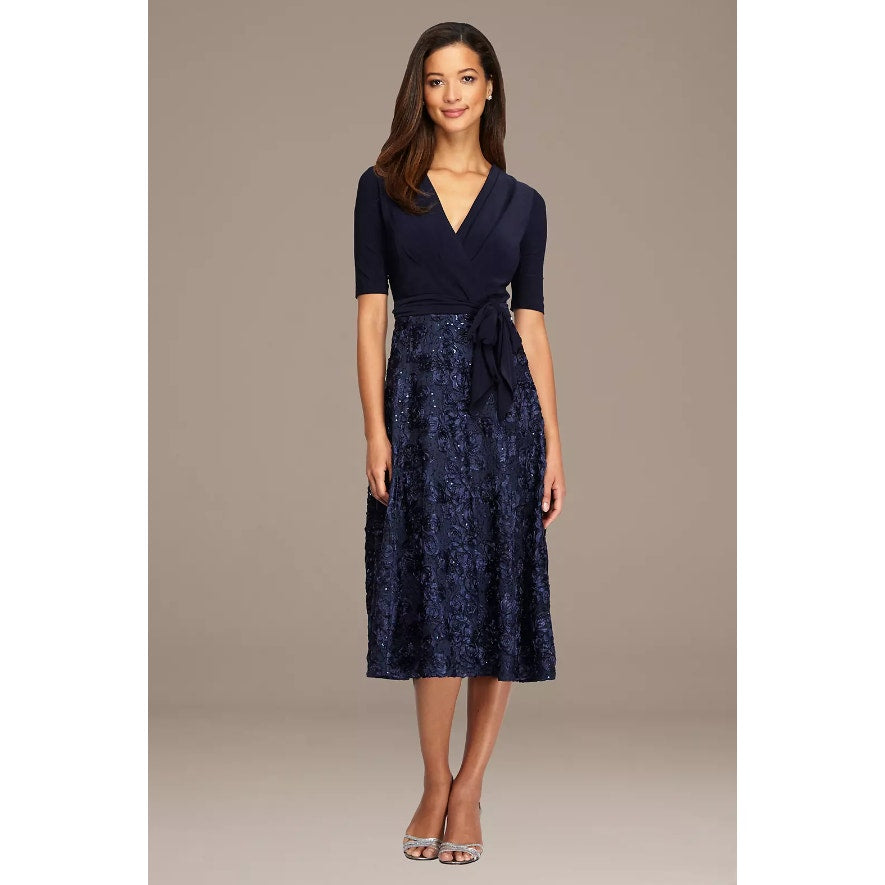 ALEX EVENINGS Womens Tea Length Soutache Dress Size 12 Petite Navy Blue Belt NWT