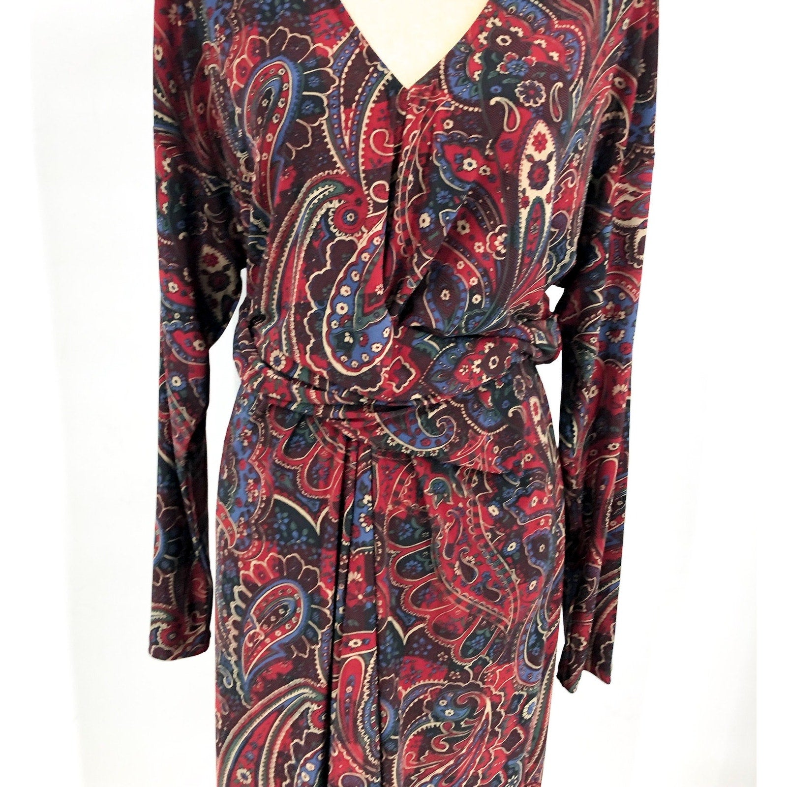 LAUREN RALPH LAUREN Twist-Front Jersey Dress Size 12 Red Checked Paisley NWT