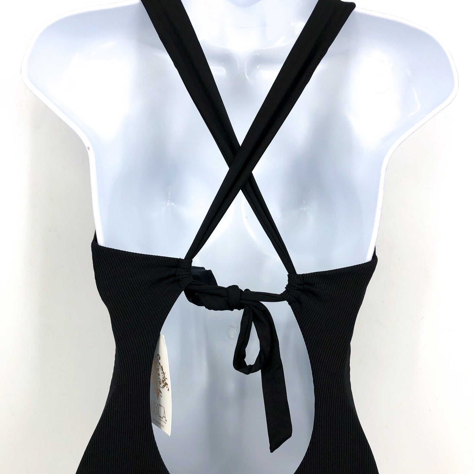BECCA Women's Modern Edge Gia One Piece Swimsuit Medium Black Lace Up Corset NWT
