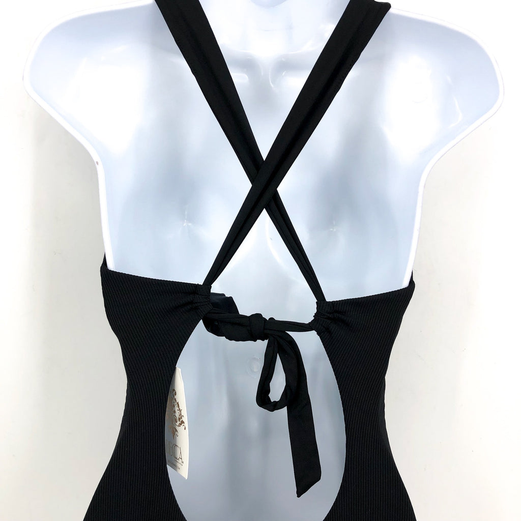 BECCA Women's Modern Edge Gia One Piece Swimsuit Medium Black Lace Up Corset NWT