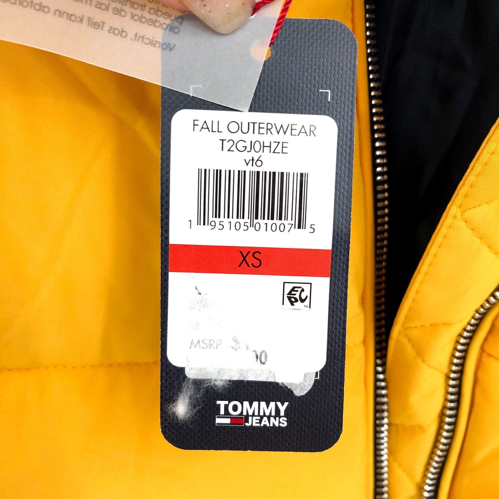 TOMMY JEANS Womens Big Logo Puffer Coat XS Yellow White Blue Ski Jacket NWT