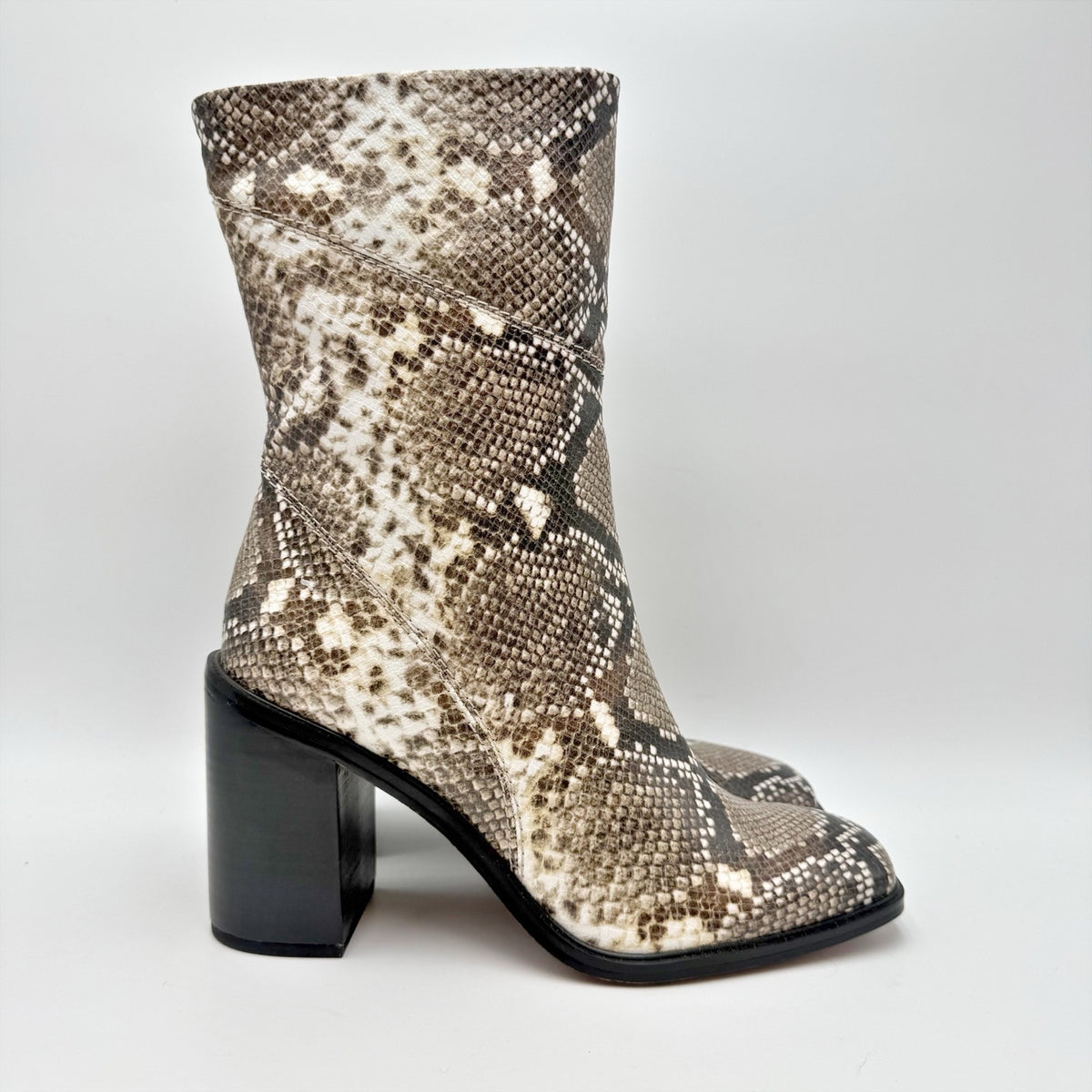 Franco Sarto Womens Stevie Mid Calf Boots Size 8.5 Tan Black Snake Leather NWOB