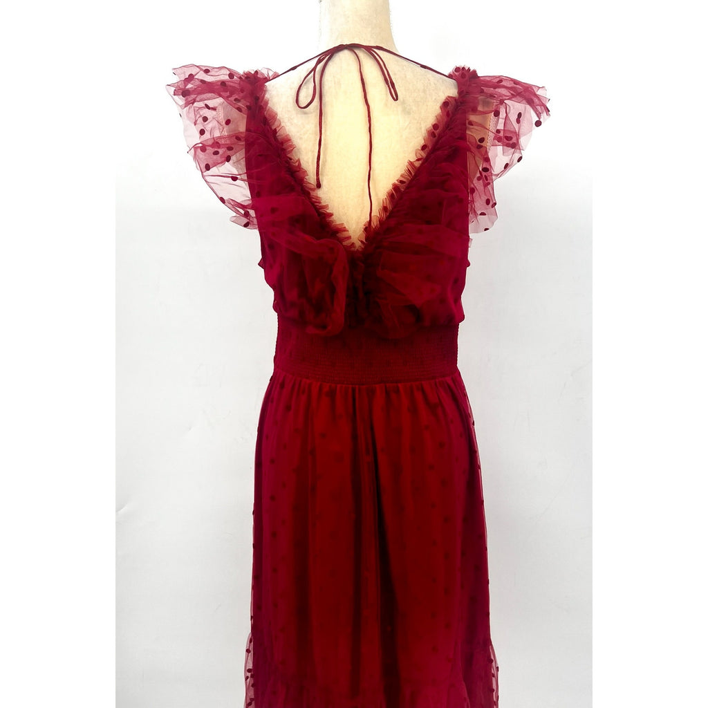 ADRIANNA PAPELL Women's Dot Tulle Ruffle Dress Size 14 Red Sleeveless NWT
