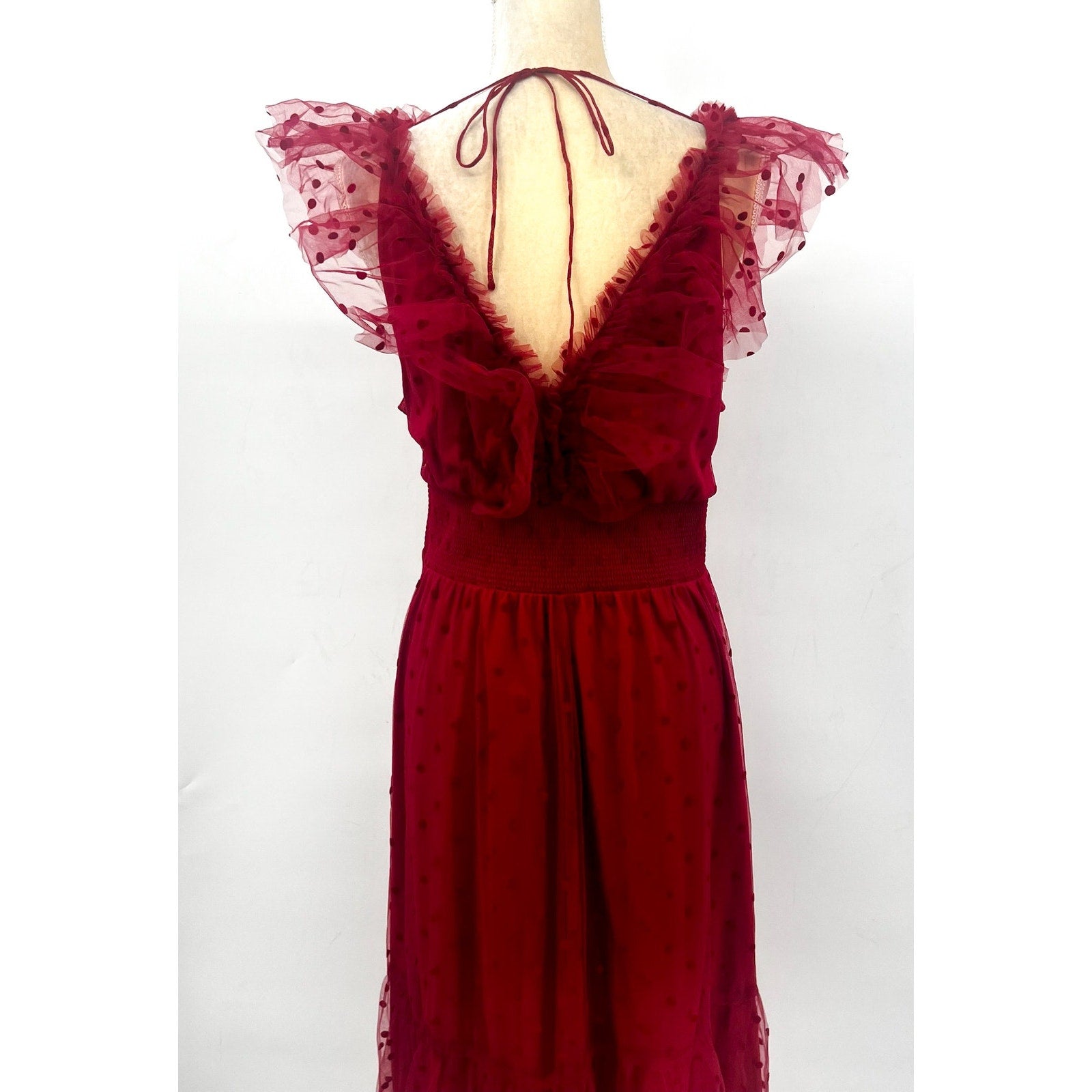 ADRIANNA PAPELL Women's Dot Tulle Ruffle Dress Size 14 Red Sleeveless NWT