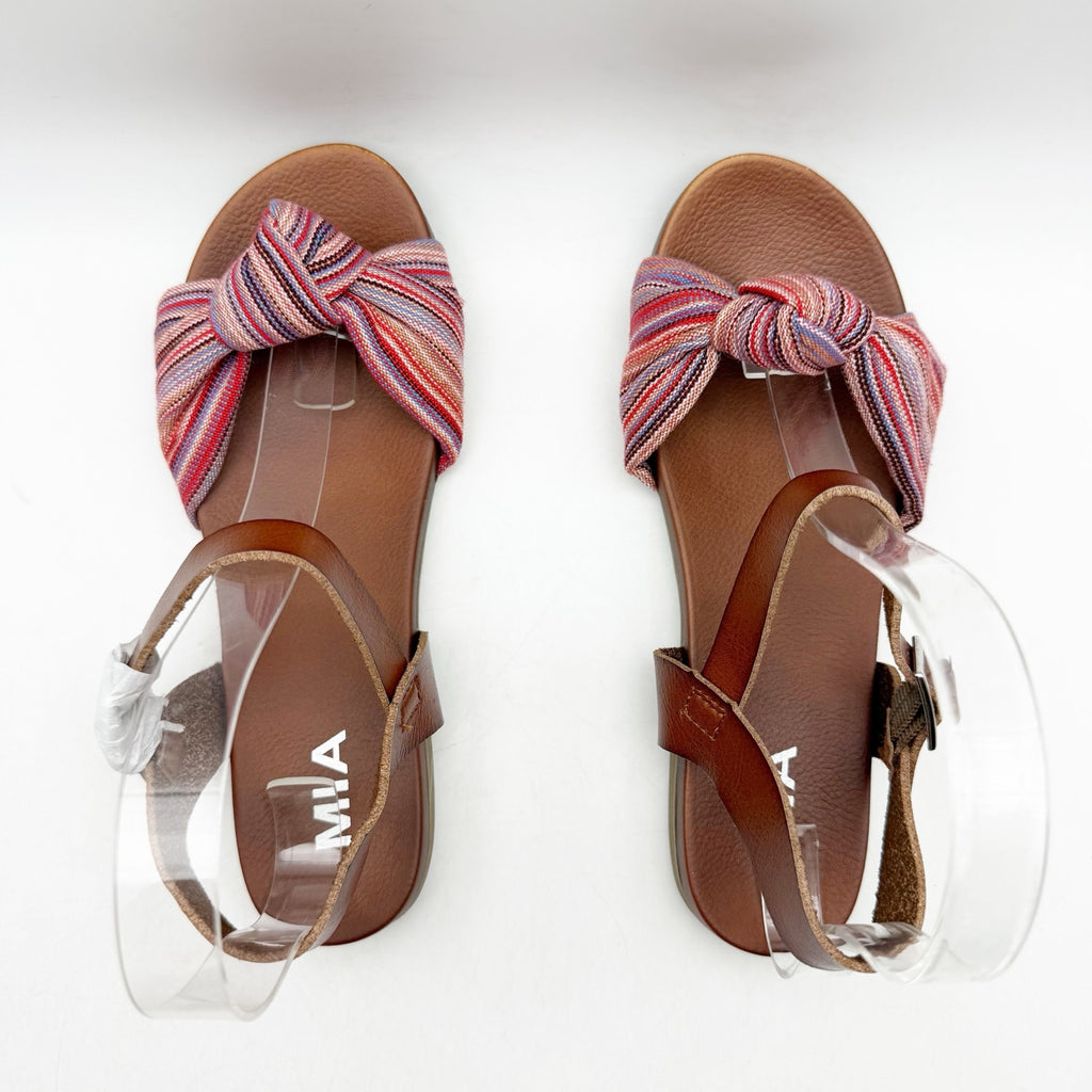 MIA Womens Addilynn Sandal US 6 Wide Brown Multicolor Knotted Fabric Front NWOB