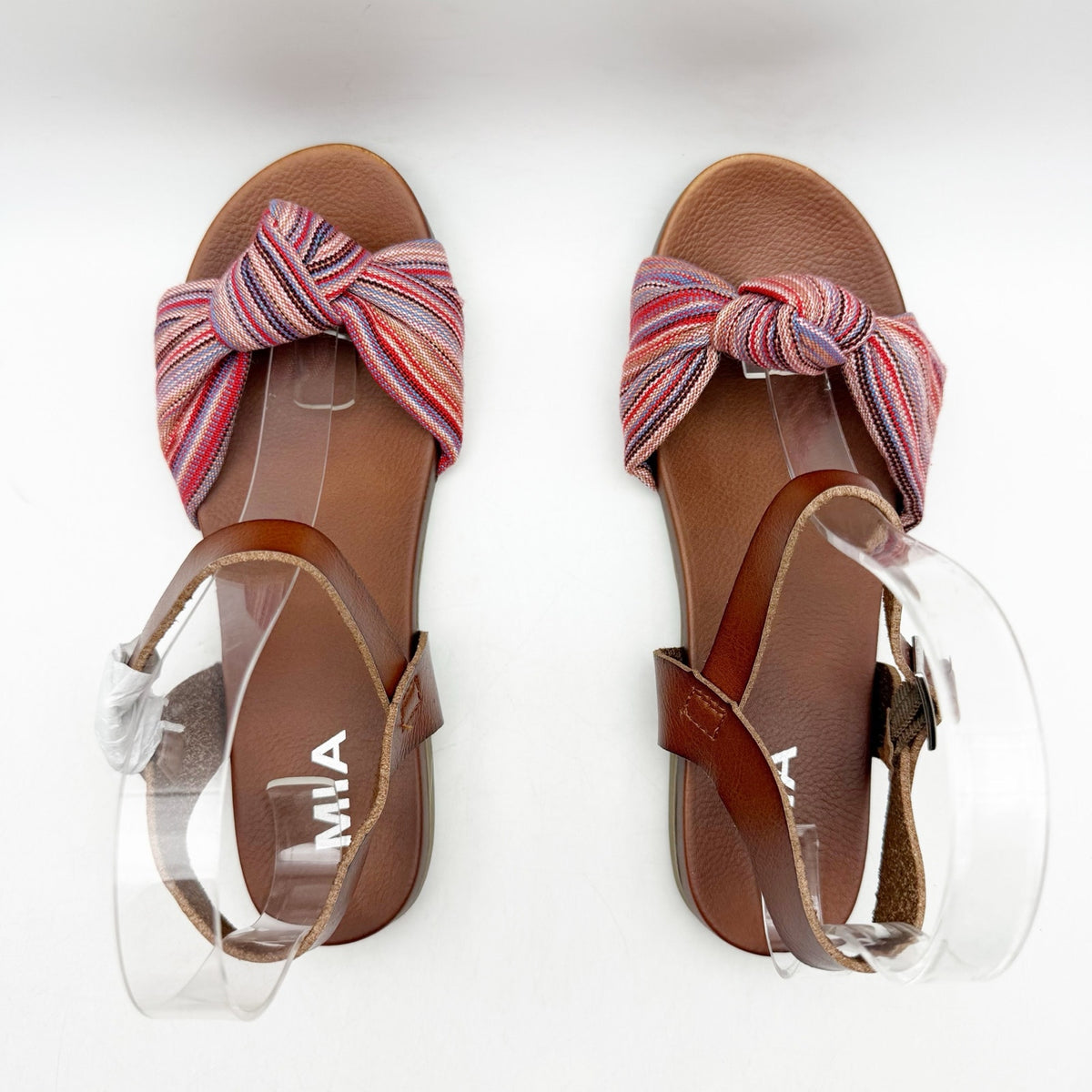 MIA Womens Addilynn Sandal US 6 Wide Brown Multicolor Knotted Fabric Front NWOB