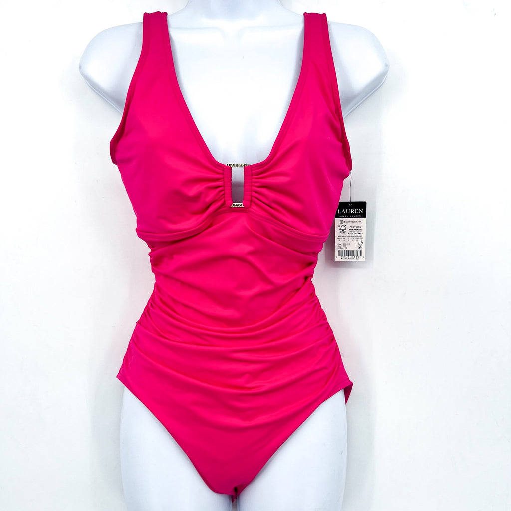 LAUREN RALPH LAUREN Over The Shoulder One Piece Swimsuit Size 12 Pink Ring NWT