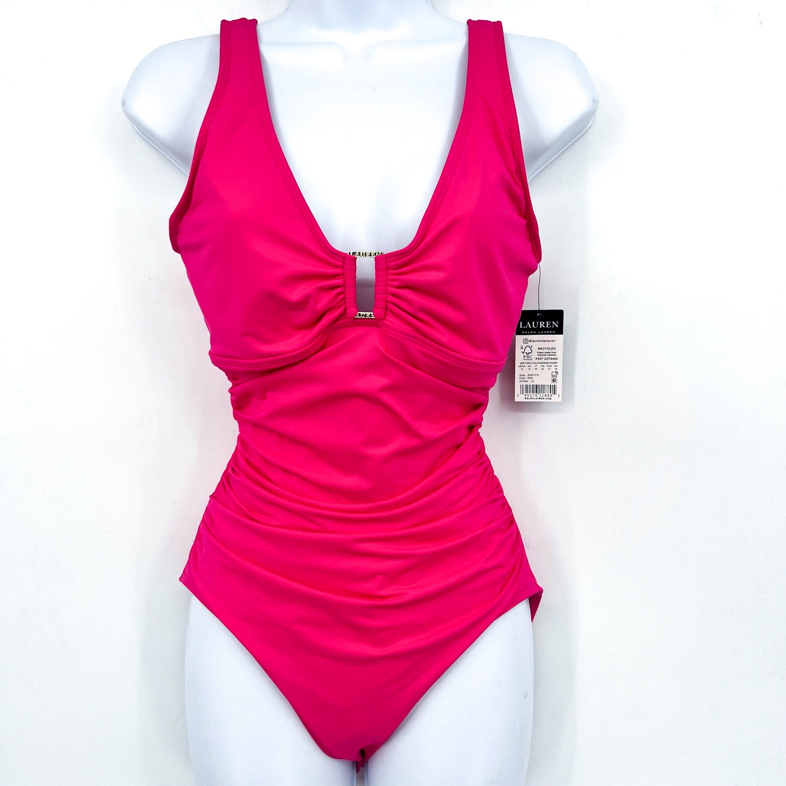 LAUREN RALPH LAUREN Over The Shoulder One Piece Swimsuit Size 12 Pink Ring NWT
