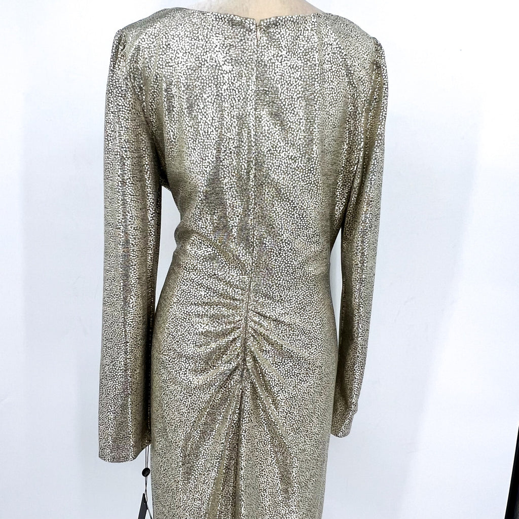 ADRIANNA PAPELL Metallic Foil Faux Wrap Dress Size 16 Light Gold Cocktail NWT