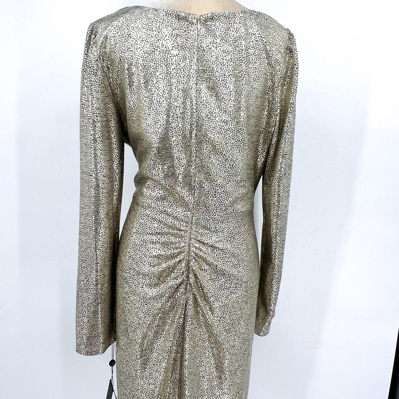 ADRIANNA PAPELL Metallic Foil Faux Wrap Dress Size 16 Light Gold Cocktail NWT