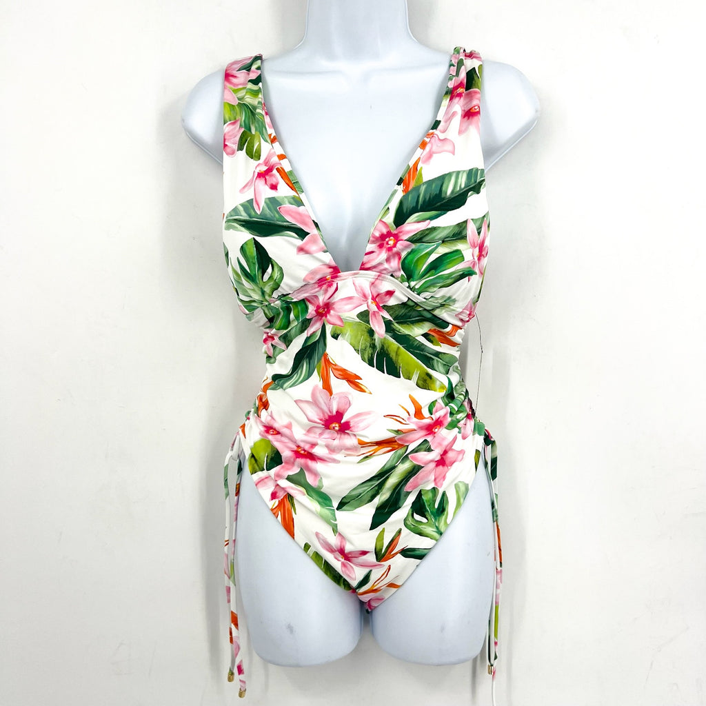 LAUREN RALPH LAUREN Plunge One Piece Swimsuit 16 White Watercolor Floral NWT