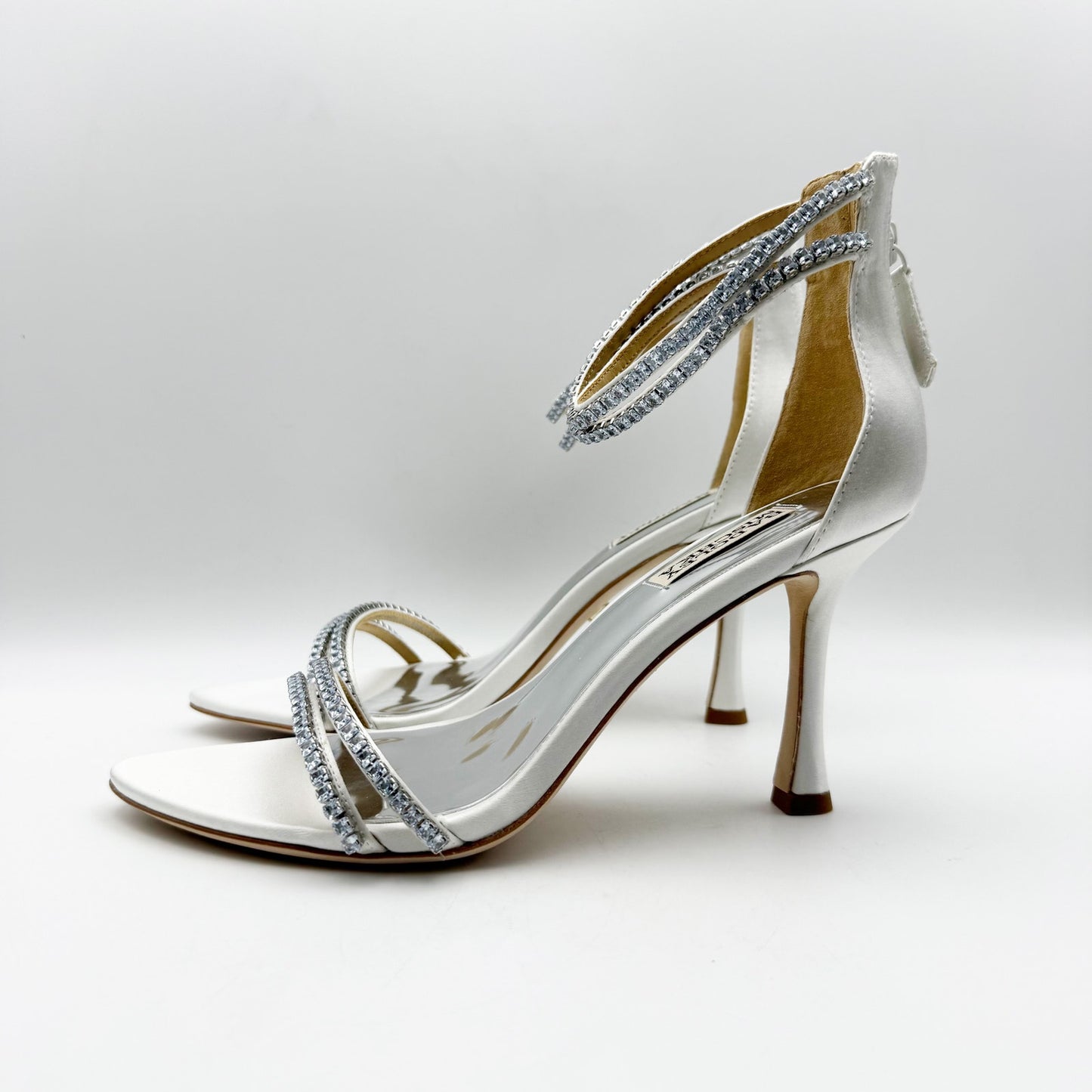 Badgley Mischka Womens Logan Heeled Sandals US 8.5 Silver Leather Crystal NIB