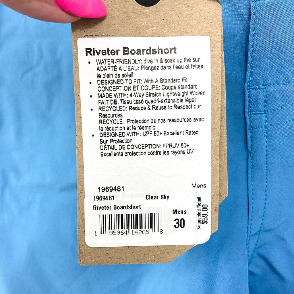 PRANA Men's Riveter Board Shorts Size 30 Blue Clear Sky 7" Inseam Drawstring NWT