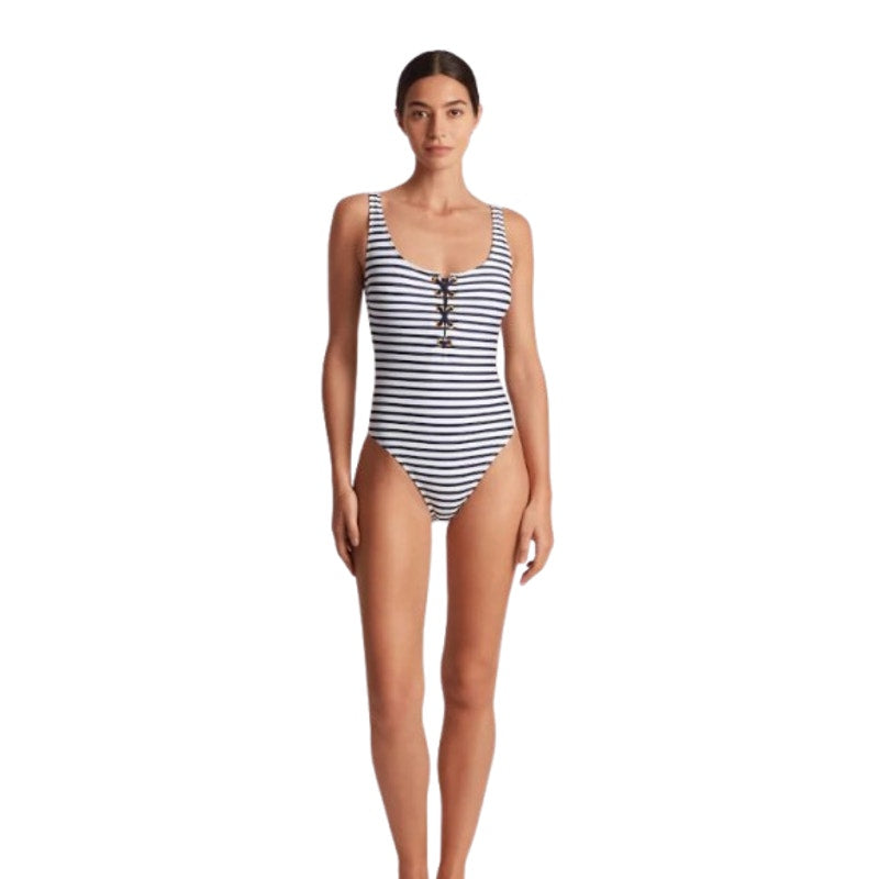 LAUREN RALPH LAUREN Luxe Stripe Laced Tank Swimsuit Size 12 Navy Blue White NWT