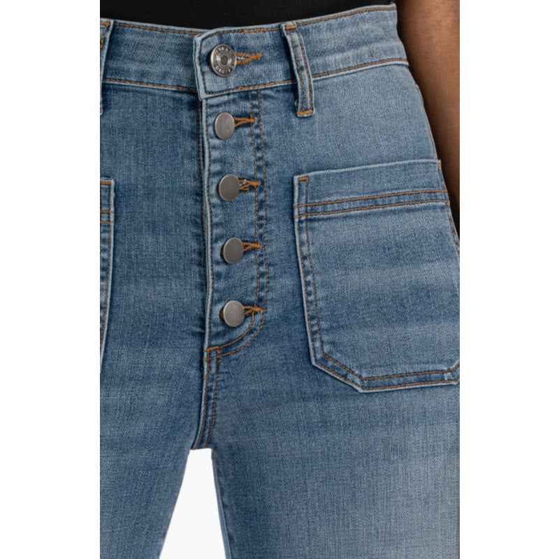 KUT FROM THE KLOTH Meg Wide Leg Jeans 00 Petite Blue Exposed Button NWT