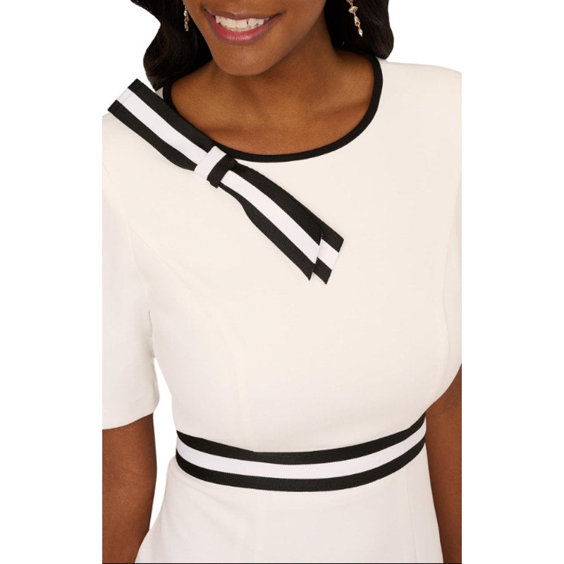 ADRIANNA PAPELL Women's Crepe Ribbon Dress Size 10 Ivory Black Knee Length NWT