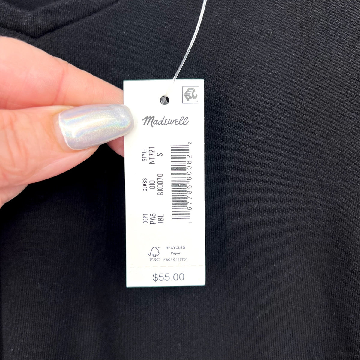 MADEWELL Women's Double V-Neck Top Small Jet Black Jersey Long Sleeve NT721 NWT