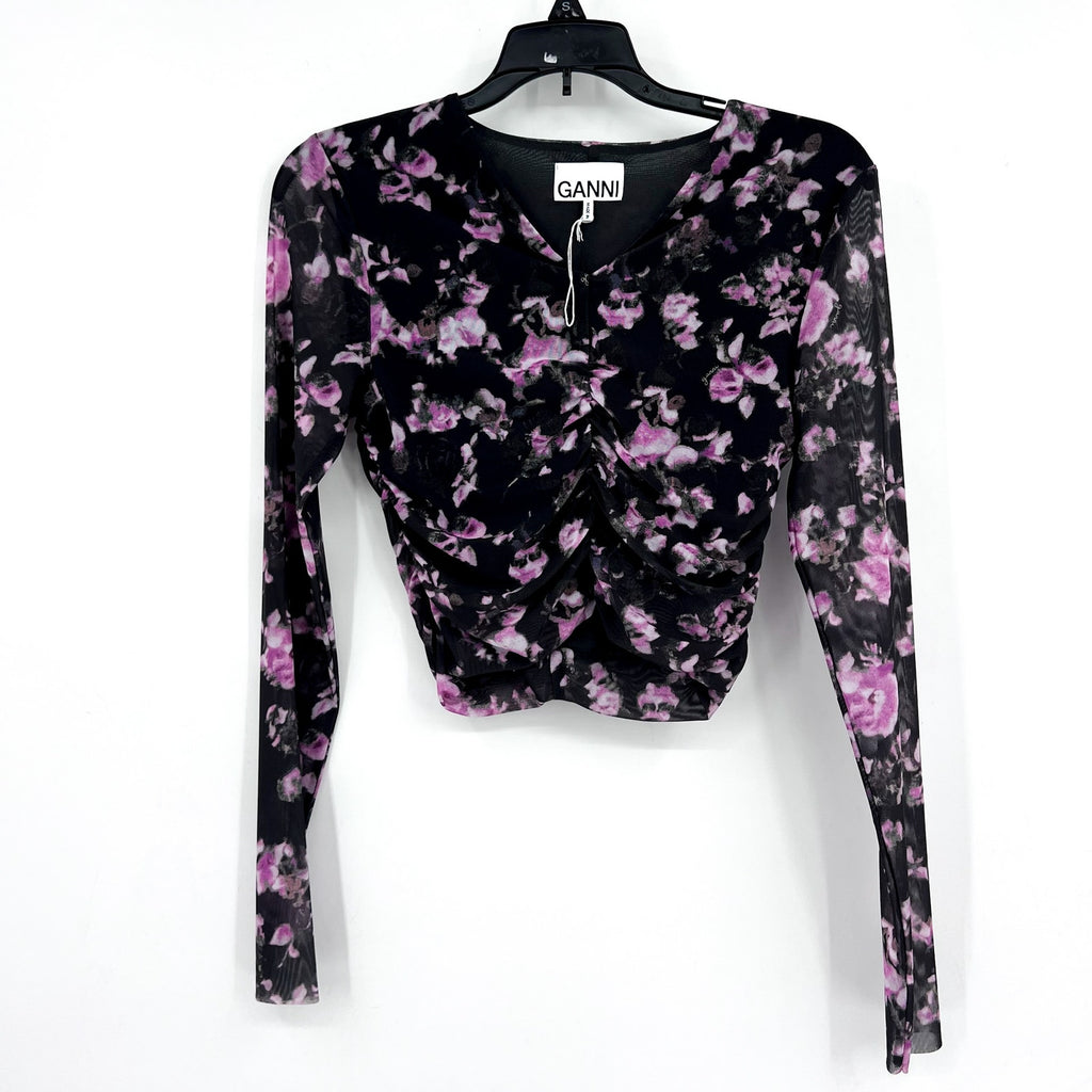 GANNI Women's Floral Mesh Crop Top Size 34 US 2 Black Pink Long Sleeve NWOT