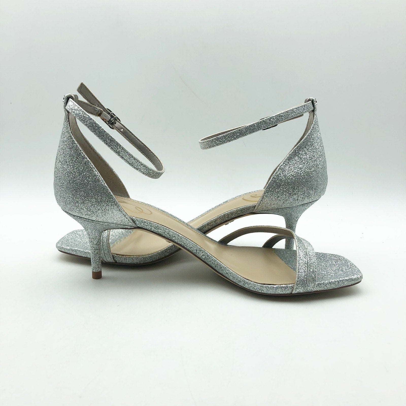 SAM EDELMAN Womens Peonie Kitten Heel Sandal 7.5 M Silver Glitter Strappy NIB