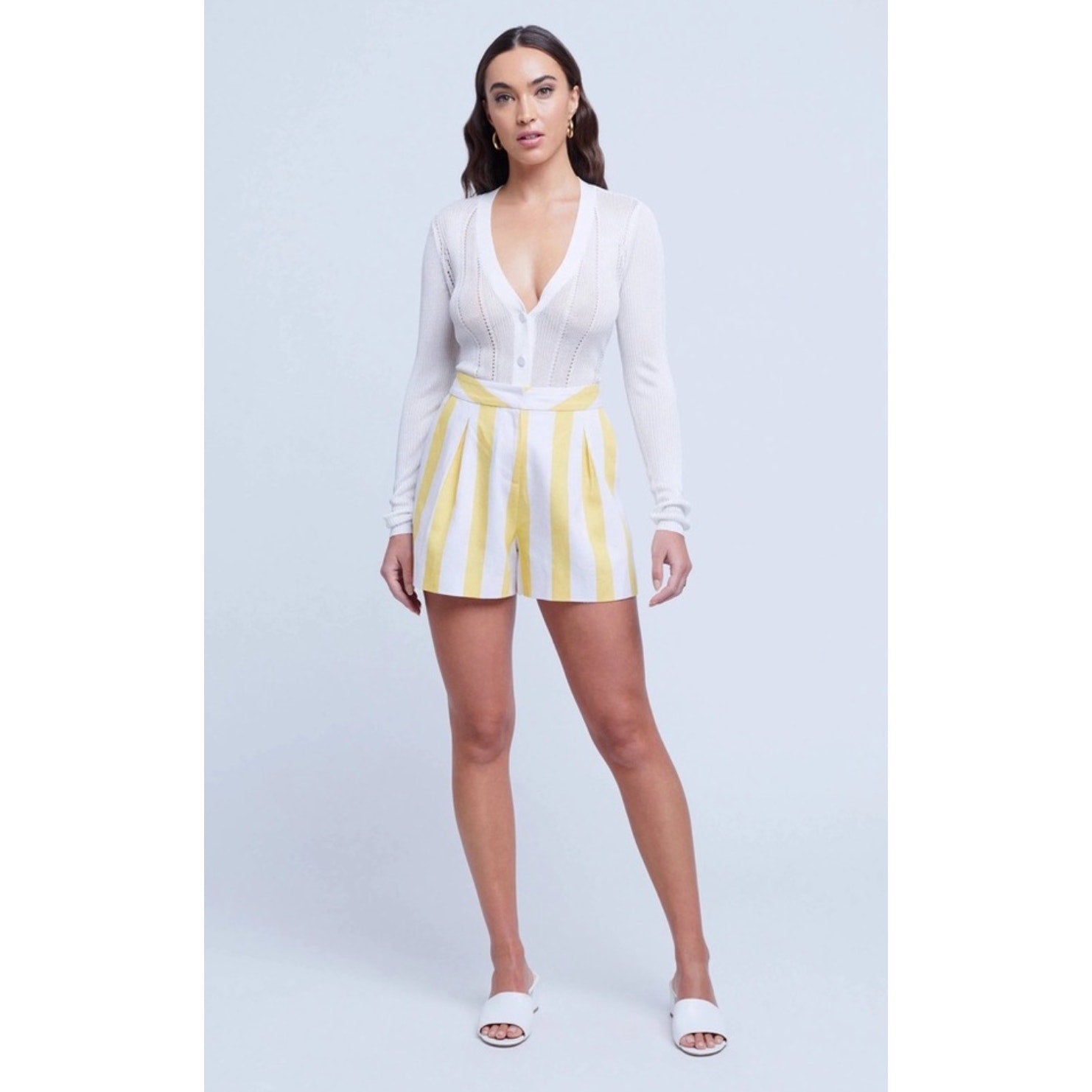 L'AGENCE Women's Vittoria Striped Linen-Cotton Shorts Size 0 Yellow White NWT
