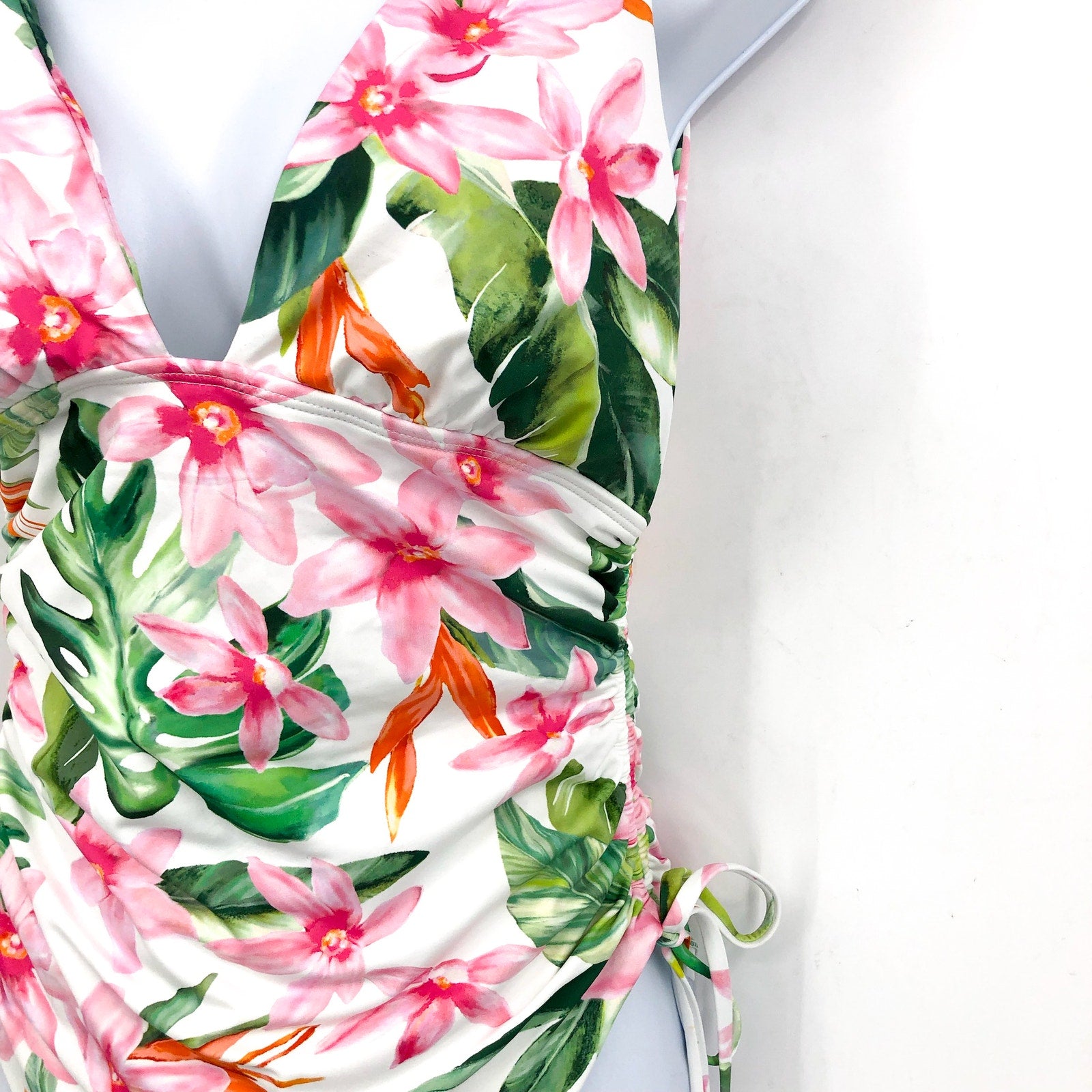 LAUREN RALPH LAUREN Plunge One Piece Swimsuit Size 12 White Tropical Floral NWT