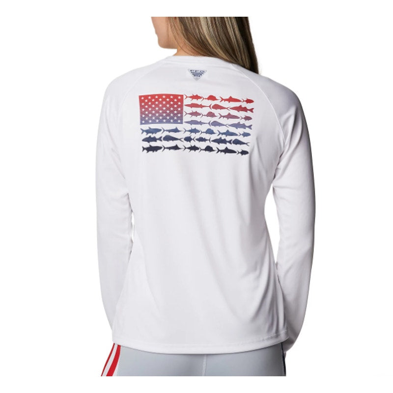 COLUMBIA Women's Tidal Tee PFG Fish Flag T-Shirt Large White USA Long Sleeve NWT