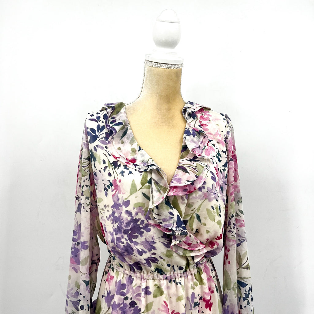 Lauren Ralph Lauren Surplice Dress Size 12 Pink Floral Crinkle Georgette NWT