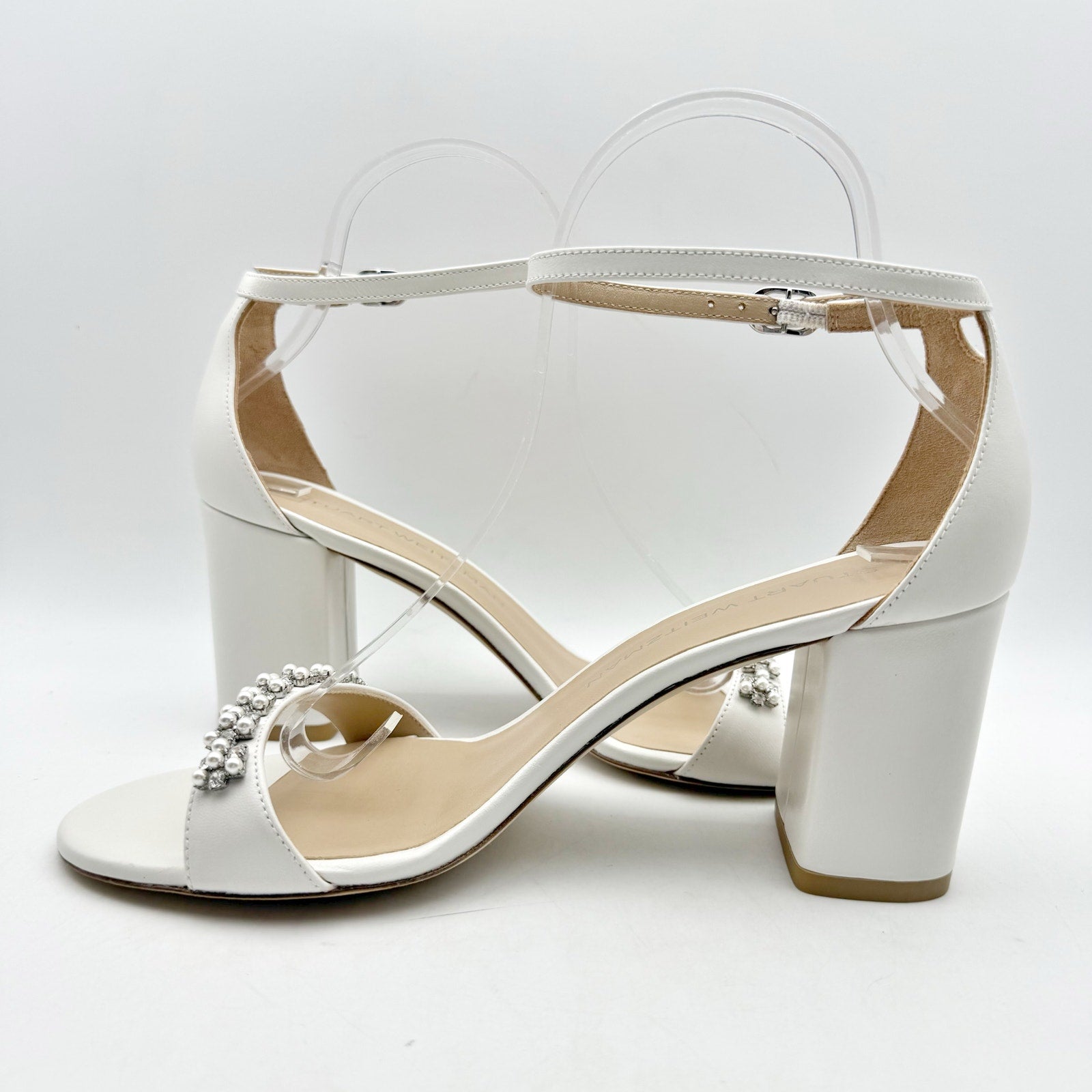 Stuart Weitzman Women Nudist Poppy 75 Block Heel Sandal US 8.5 White Leather NIB