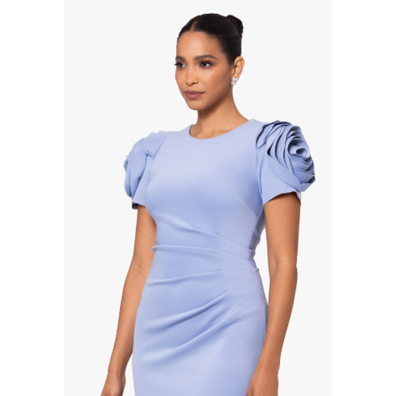 XSCAPE Rosette Ruched Sheath Gown Size 12 Sky Blue Short Sleeve Floral 4721X NWT