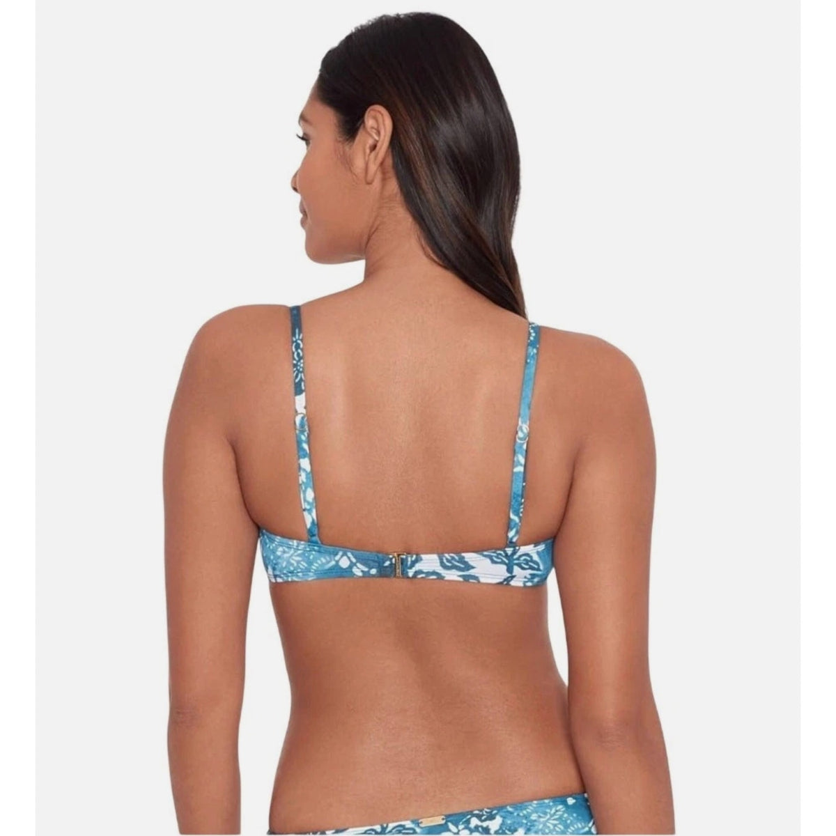 LAUREN RALPH LAUREN Patchwork Bikini Top Size 10 Blue Indigo Scoop Shirred NWT
