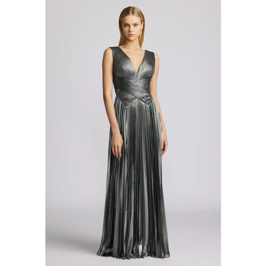 ZAC POSEN Women's Pleated Metallic Chiffon Gown Size 6 Silver Sleeveless NWT