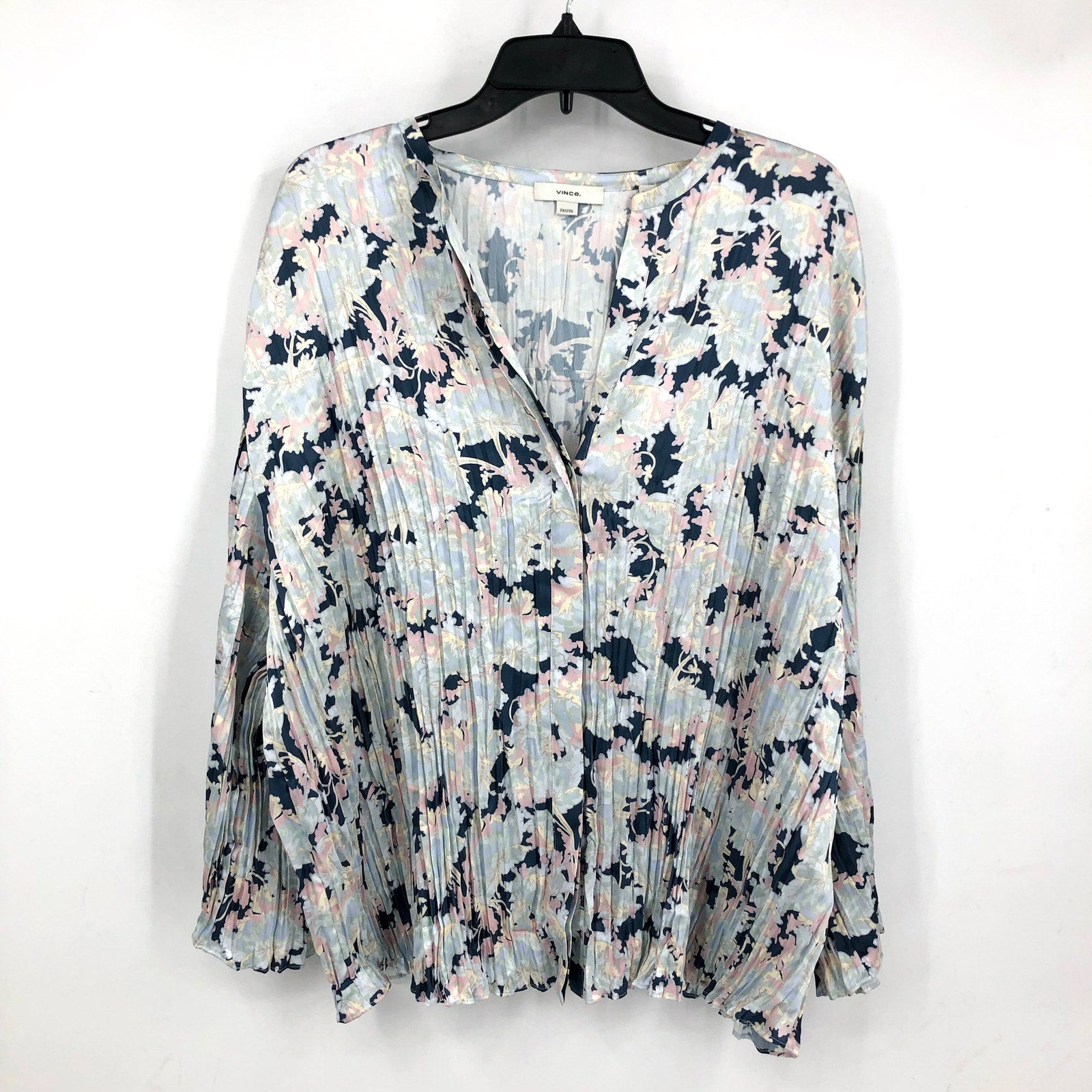 VINCE Women's Pleated Lotus Print Blouse 2X Tide Pool Blue Top Floral NWT